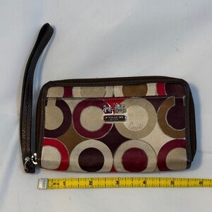 Coach Circle Pattern Wristlet in Burgundy and Tan